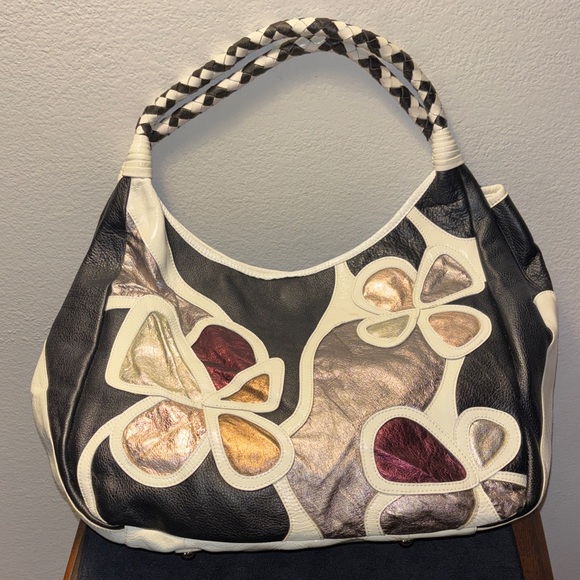 Sharif Black and White Floral Appliqué Shoulder Bag with Jewel Accents - Picture 5 of 12